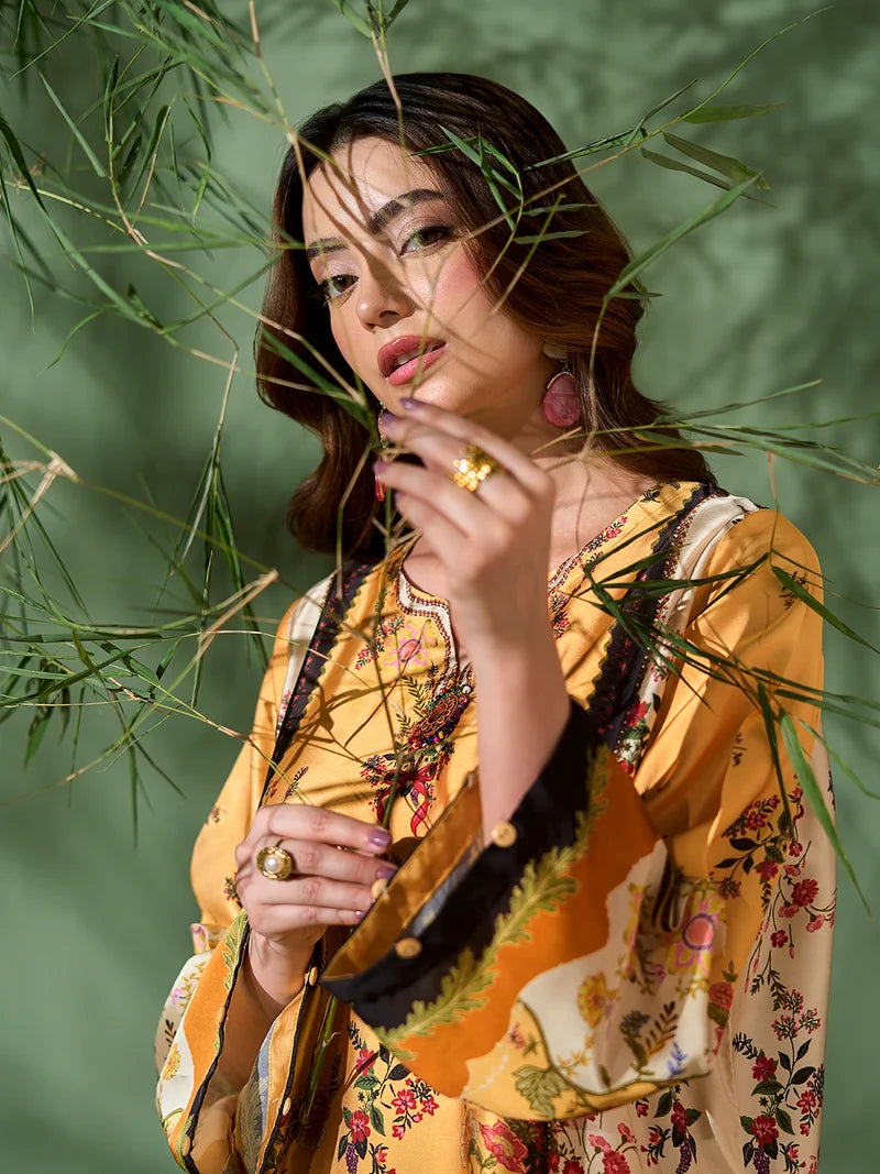 Rangreza Mustard Printed Silk 2-Piece Kaftan – EA-89-04