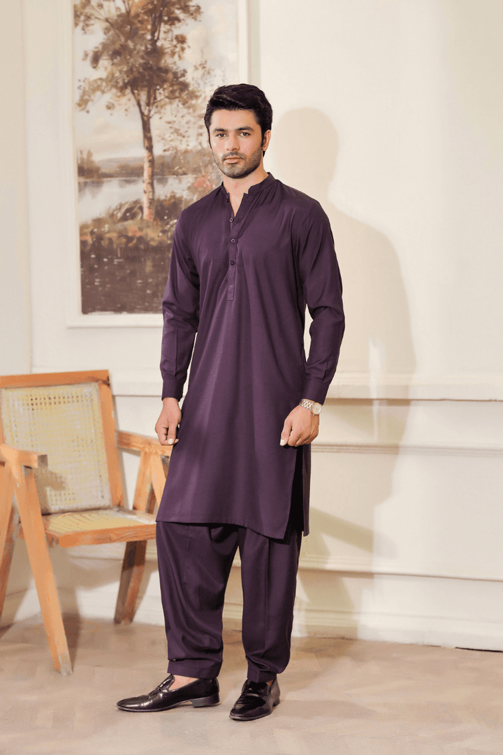 Exclusive Purple Men Shalwar Kameez MA-102 featuring a ban collar and full sleeves, ideal for formal and festive wear in premium fabric.