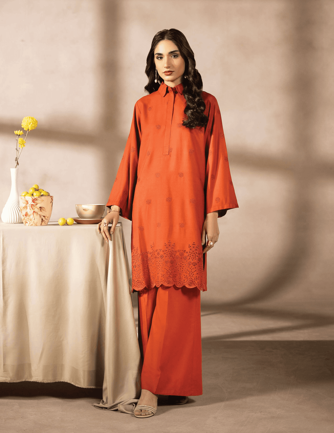 RANGREZA EA-50-3805 pakistani two piece suit in orange with embroidered straight-cut kurta and wide-leg trousers, ideal for daily wear.