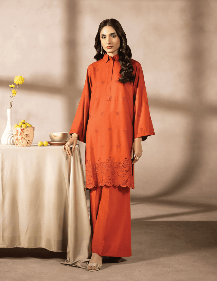 RANGREZA EA-50-3805 pakistani two piece suit in orange with embroidered straight-cut kurta and wide-leg trousers, ideal for daily wear.