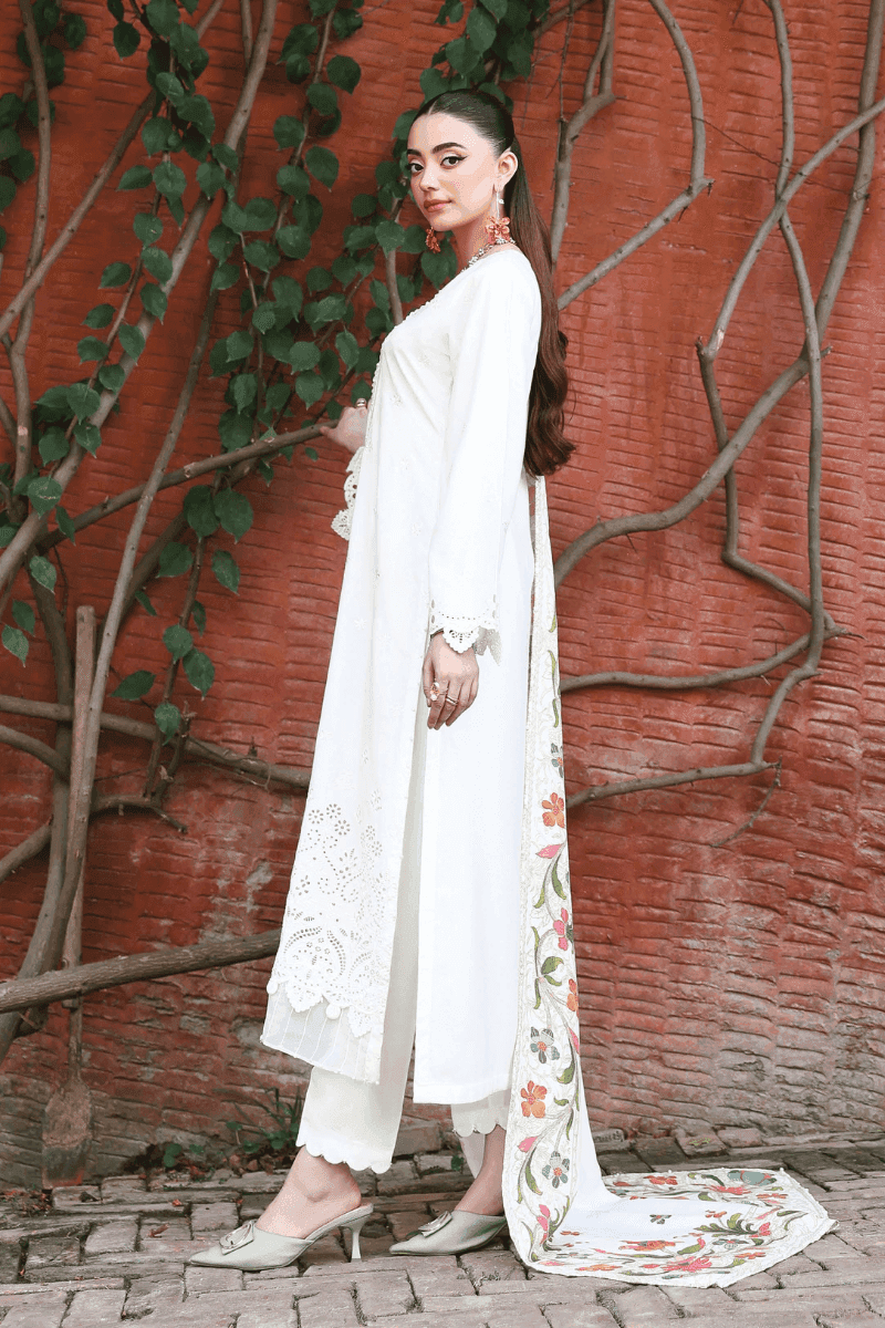 Elegant Rangreza AL-1125 Pakistani suit with embroidered Dhanak shirt and colorful floral dual shawl, perfect for festive and formal wear.