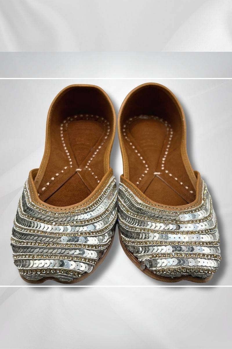 Blush Silver Blossom Jutti with silver sequin embroidery on blush velvet, handcrafted leather khussa for elegant traditional wear.