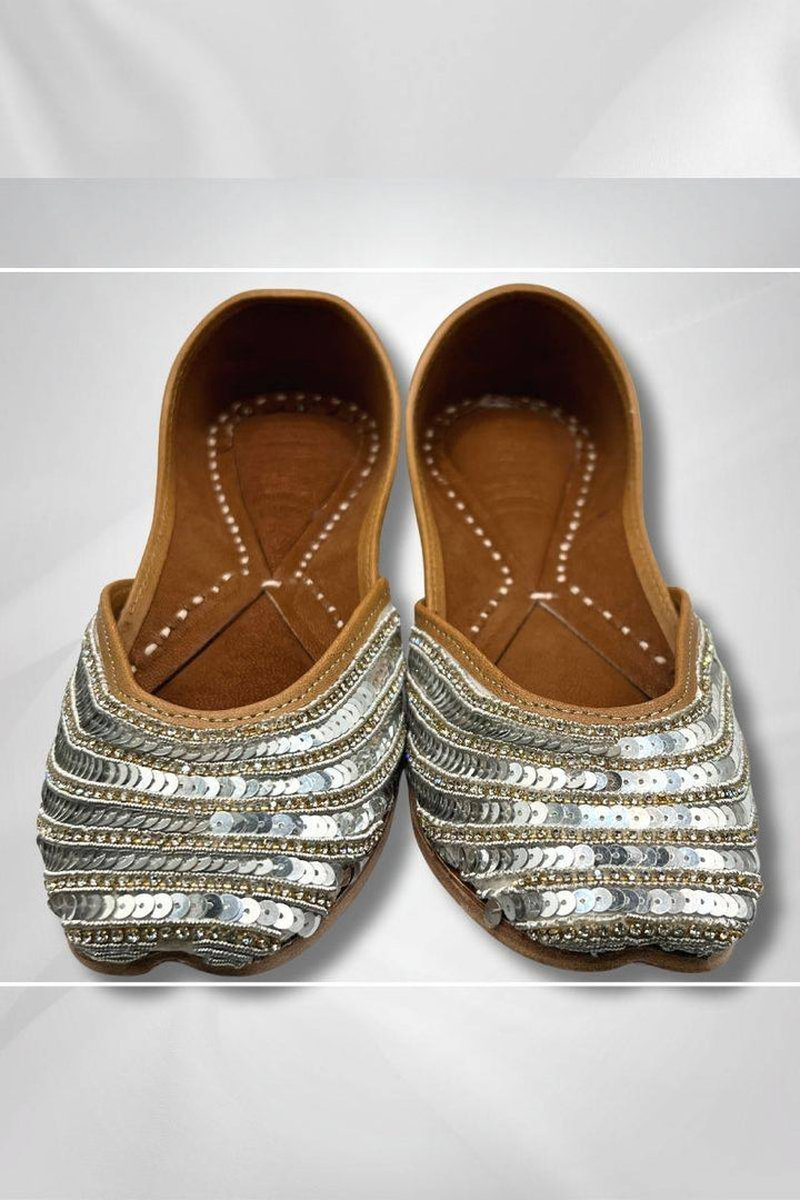 Blush Silver Blossom Jutti with silver sequin embroidery on blush velvet, handcrafted leather khussa for elegant traditional wear.