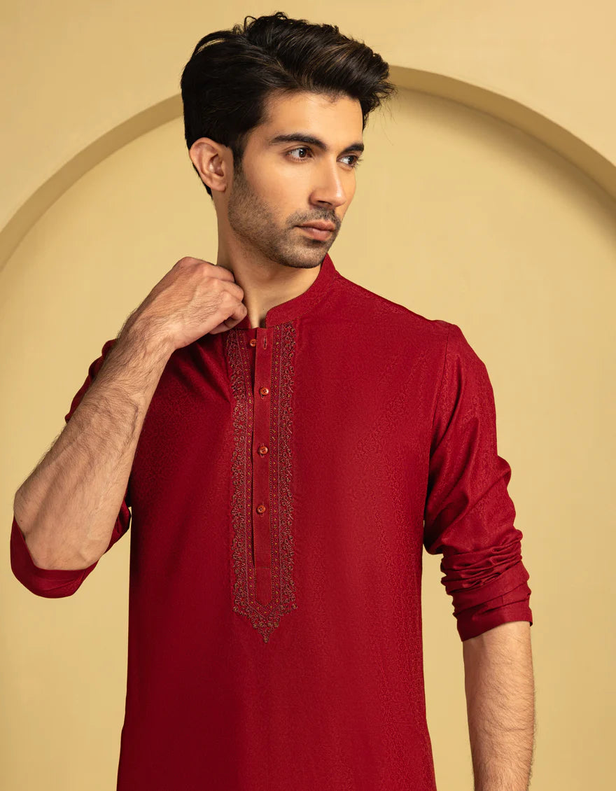 Red Blended Semi-Formal Kurta | Jjka50096