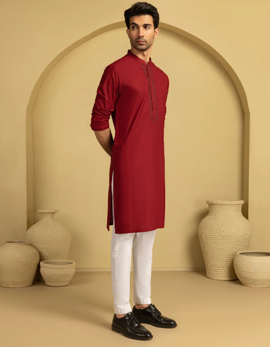 Red Blended Semi-Formal Kurta | Jjka50096