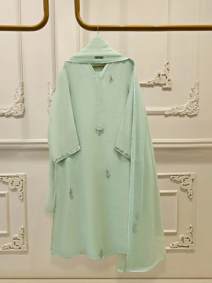 Agha Noor Suit 3 Piece Cotton Net | Embroidered Elegance in mint green with delicate silver embroidery on shirt, pants, and dupatta.