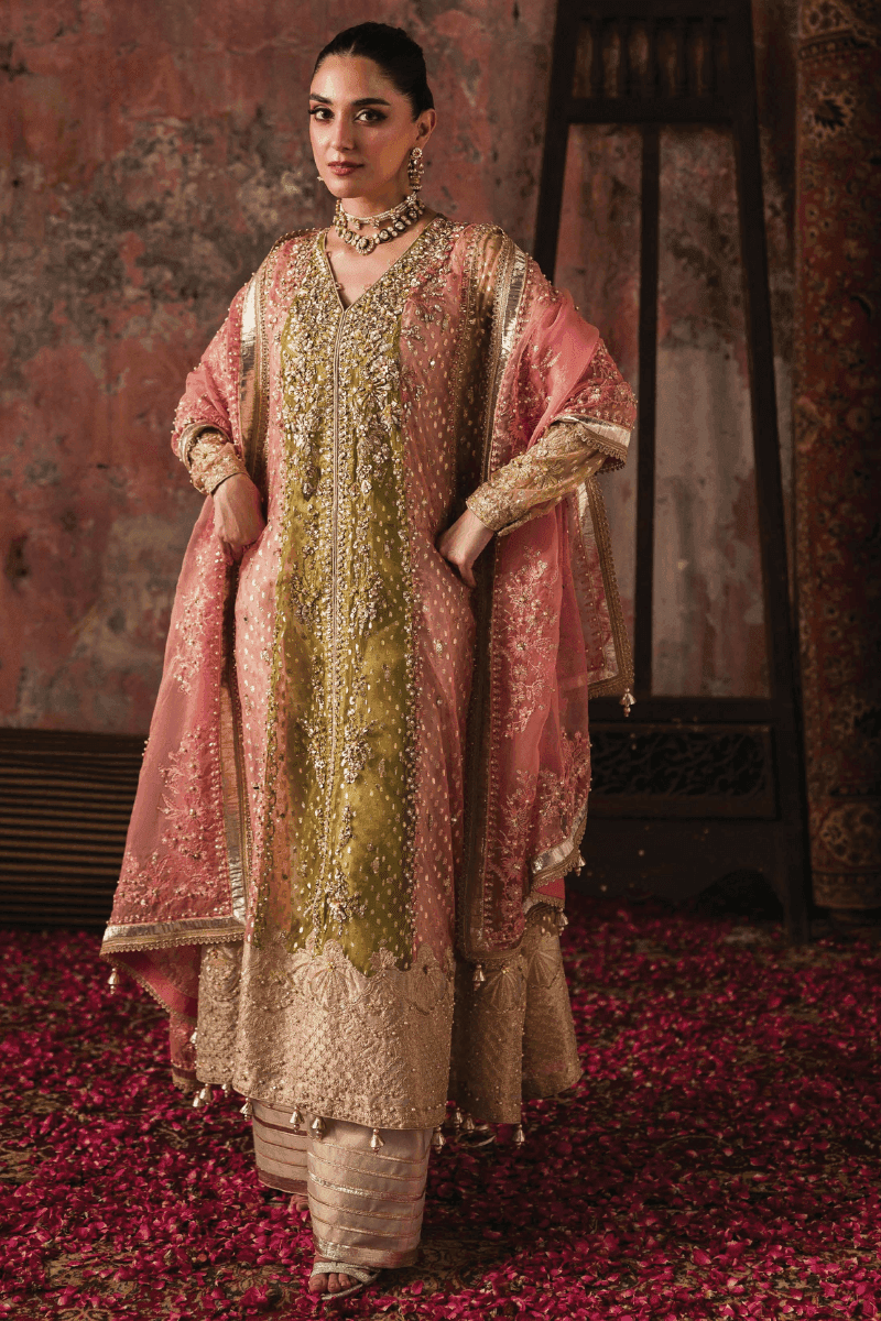 Full view of RANGREZA AL-4269 PHOOL featuring a pink and olive organza shirt with masoori bottoms and embroidered dupatta.