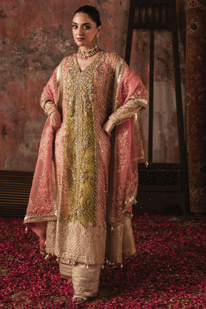 Full view of RANGREZA AL-4269 PHOOL featuring a pink and olive organza shirt with masoori bottoms and embroidered dupatta.