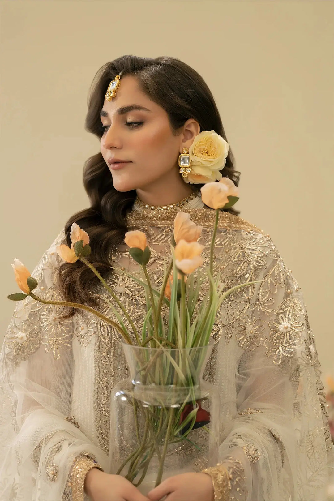 Close-up of M-109 OFF-WHITE hand embroidered dupatta with floral motifs and gold threadwork, highlighting intricate Pakistani design.