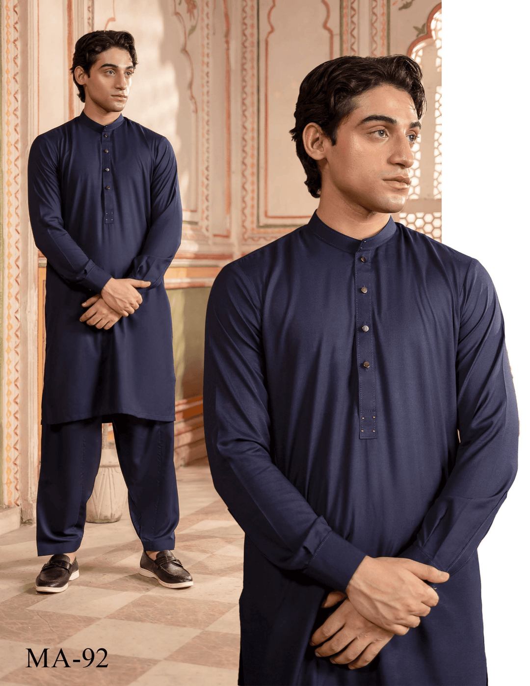 RANGREZA MA-92 men's blue kameez shalwar set, showcasing elegant stitching and modern traditional style for cultural and formal occasions.
