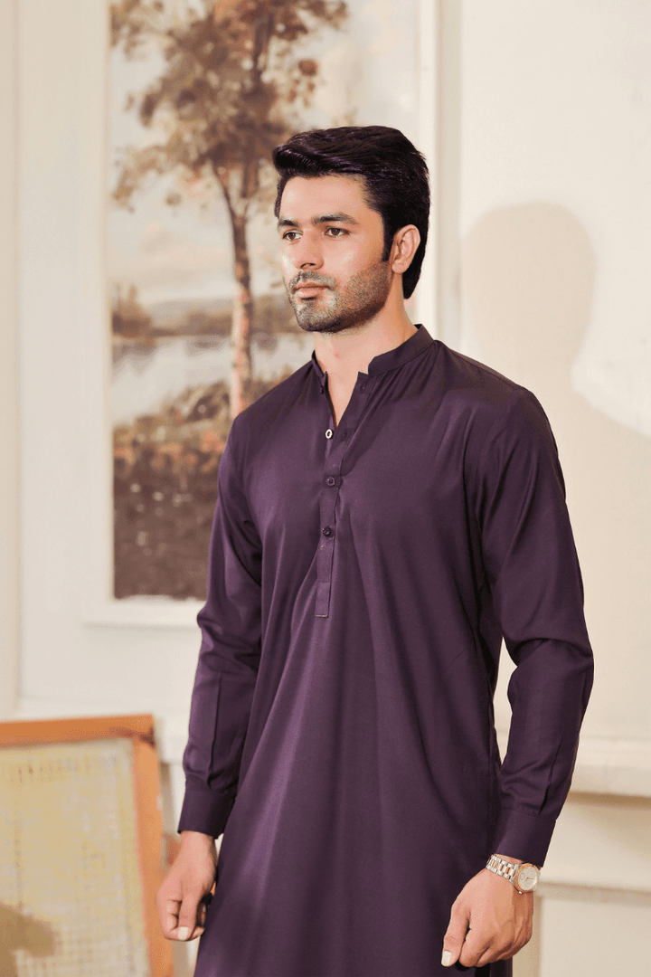 Close-up of Exclusive Purple Shalwar Kameez MA-102 with ban collar and buttoned placket, showcasing elegant tailoring and rich color.