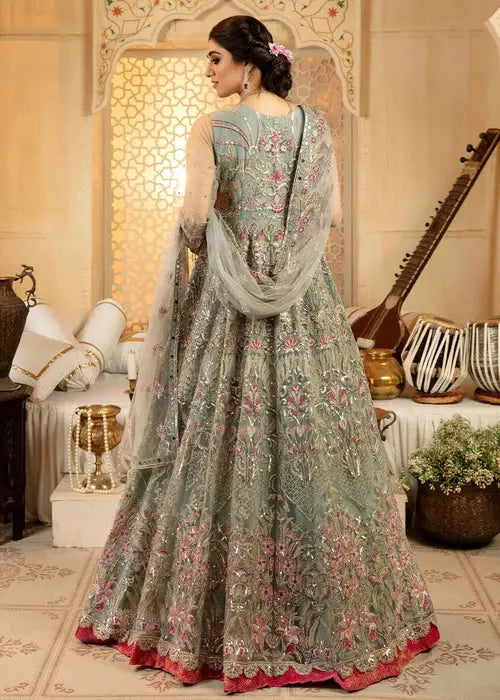Back view of Wedding Maxi Dress showcasing detailed embroidery and flowing dupatta, ideal for weddings and festive occasions.