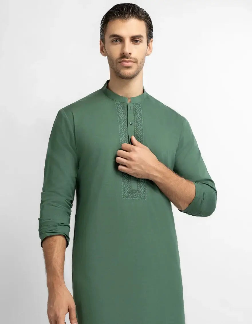 J. Men green cotton semi-formal kurta |  JJKS-60010