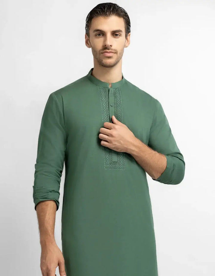 J. Men green cotton semi-formal kurta |  JJKS-60010