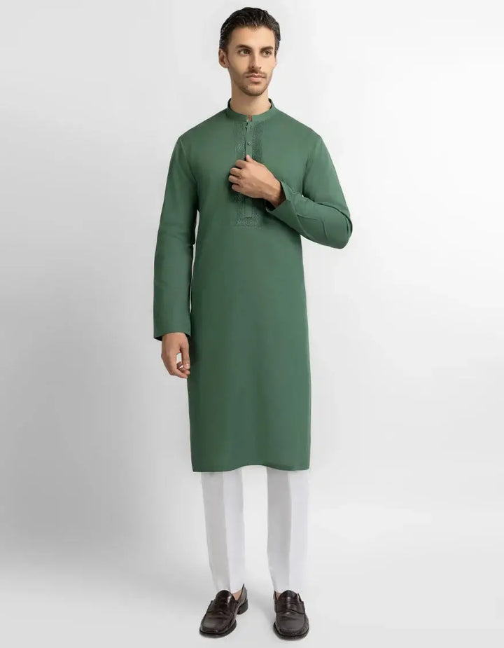 J. Men green cotton semi-formal kurta |  JJKS-60010