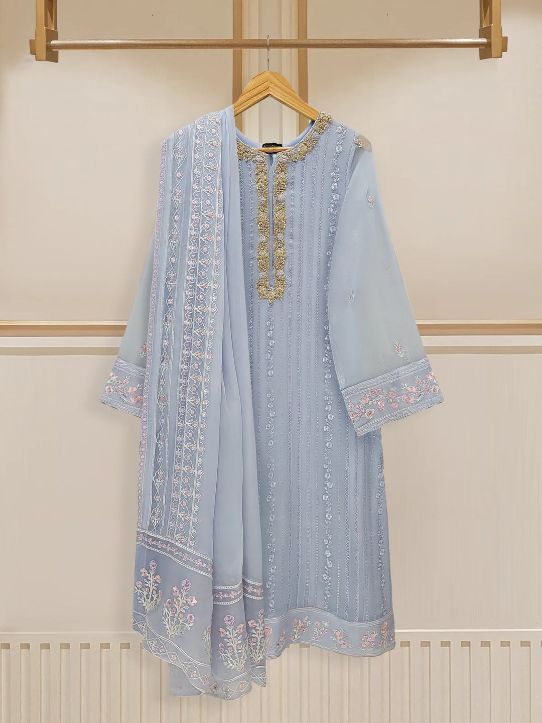 Agha Noor embroidered chiffon suit front view