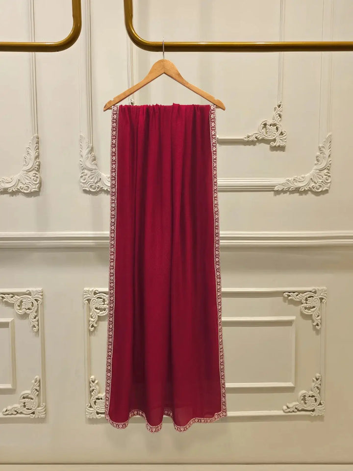 AGHA NOOR embroidered dupatta in deep pink with white border detailing, part of the 3 Piece Cotton Suit Set.