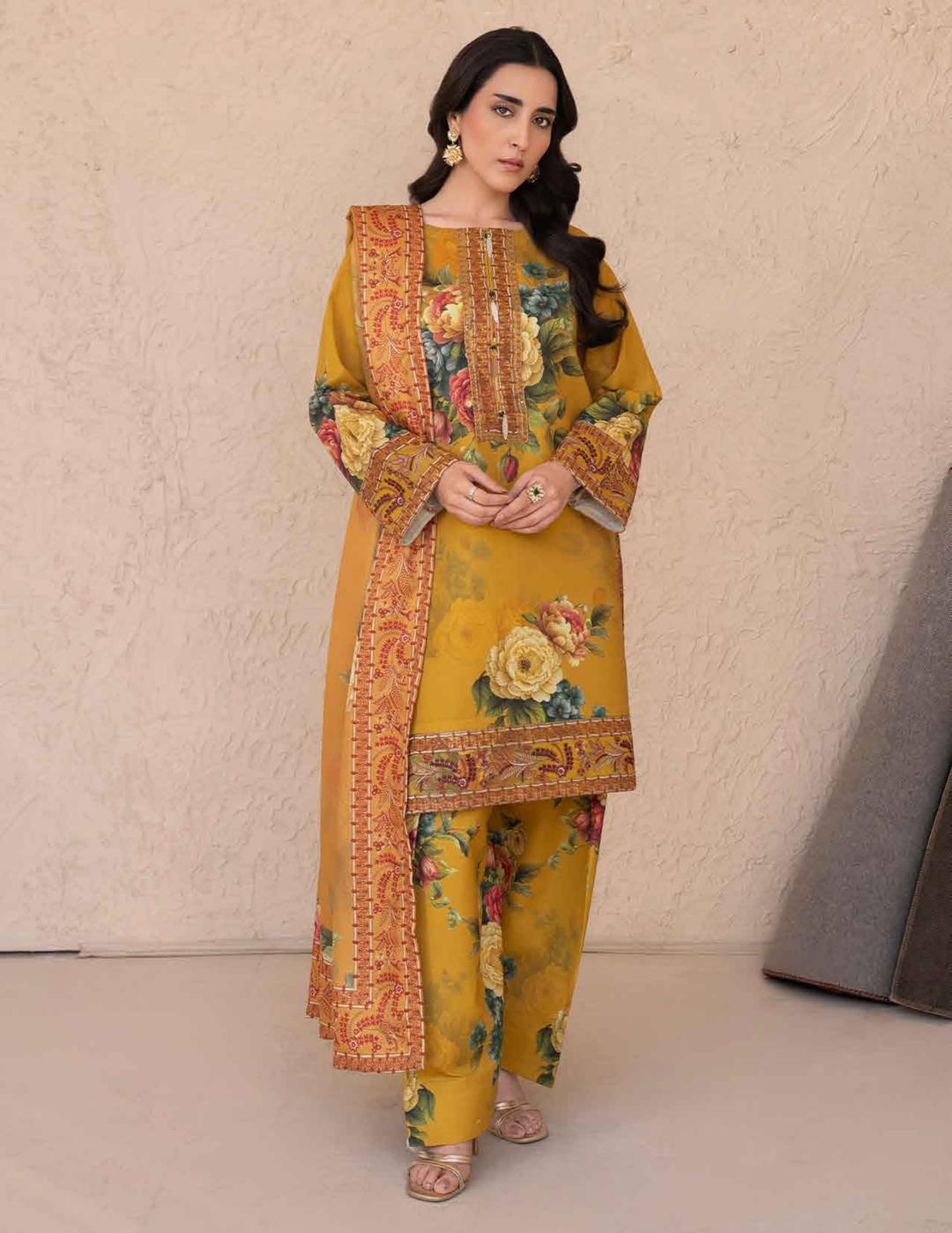 RANGREZA ML-198-5405 premium embroidered khaddar shirt, shalwar, and dupatta in mustard yellow with floral print, ideal Pakistani winter wear.