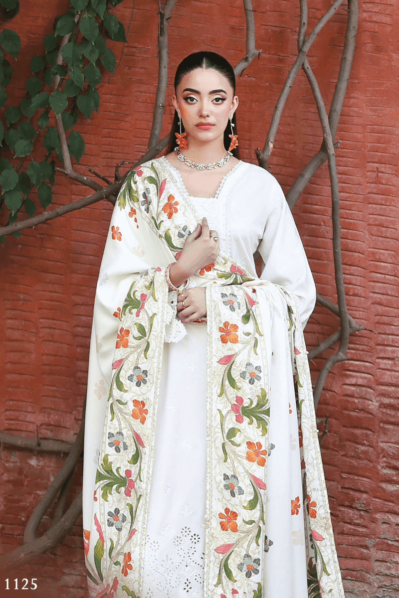 Close-up of Rangreza AL-1125 Pakistani suit highlighting detailed chikankari work and dual-side floral printed shawl in soft wool fabric.