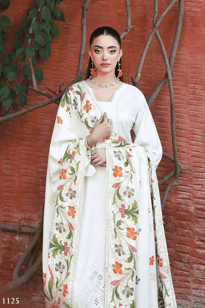 Close-up of Rangreza AL-1125 Pakistani suit highlighting detailed chikankari work and dual-side floral printed shawl in soft wool fabric.