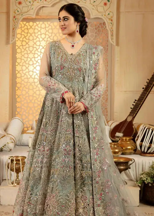 Wedding 3 Piece Maxi Dress in pastel green with intricate embroidery, featuring shirt, pants, and dupatta for festive wear.