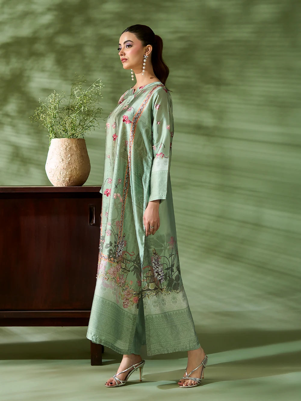 Rangreza Mint Green Printed Silk 2-Piece Kaftan – EA-91-04