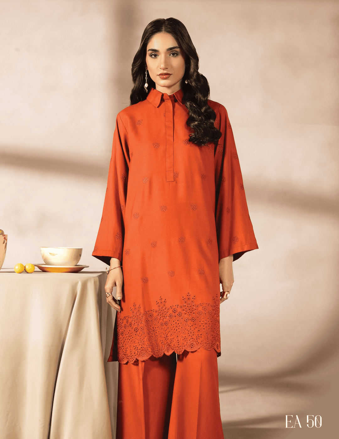 Front close-up of RANGREZA EA-50-3805 orange two piece suit featuring delicate embroidery and scalloped hem, designed for everyday elegance.