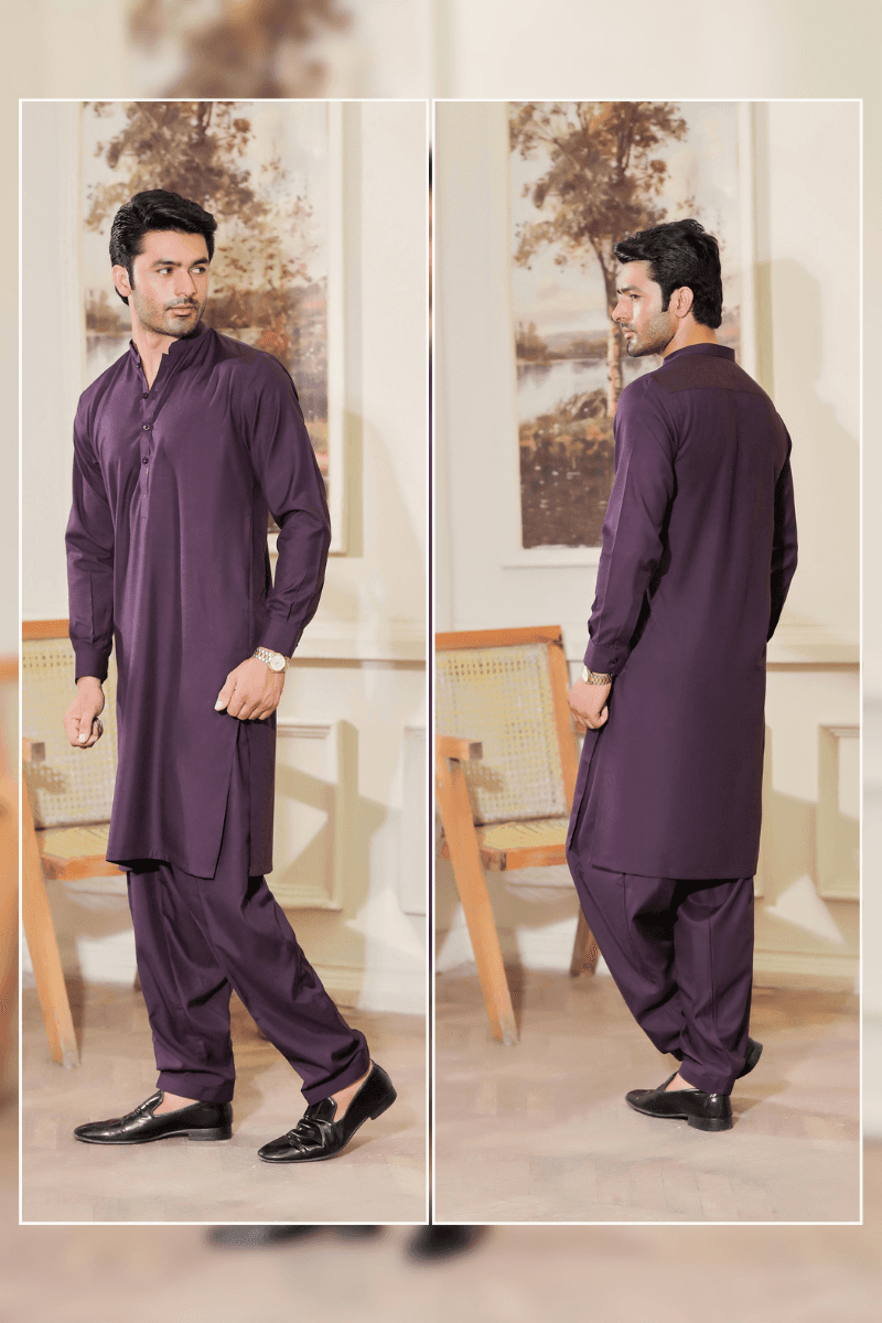 Front and back view of Exclusive Purple Shalwar Kameez MA-102, showcasing full outfit design, fit, and elegant drape for men’s fashion.