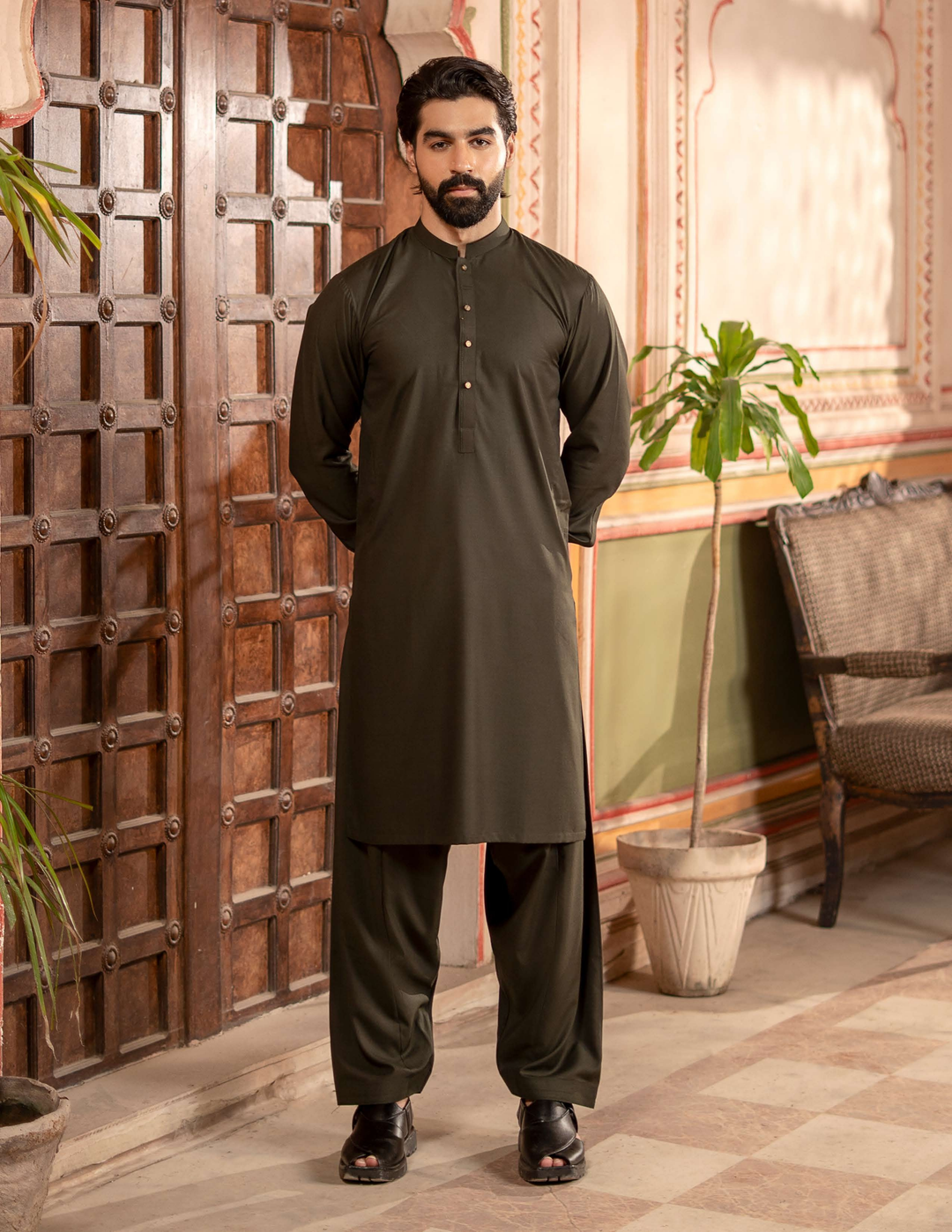 RANGREZA MA-98 dark brown kameez shalwar for men, perfect eid clothing with classic design and elegant fit, ideal for festive occasions.
