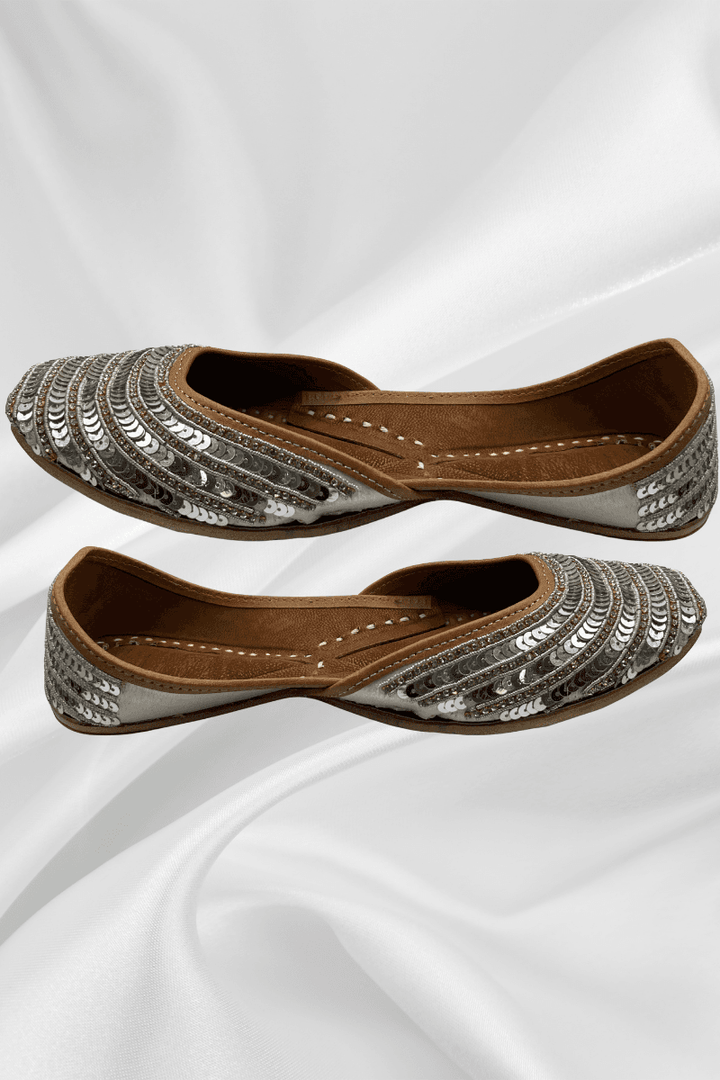 Side view of Blush Silver Blossom Jutti featuring layered silver sequins on blush velvet, perfect for festive and formal outfits.