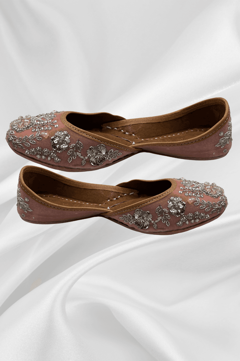 Side profile of Nawab Pink Jutti showcasing detailed silver threadwork on velvet, a luxurious flat shoe from Khussa Pakistan.