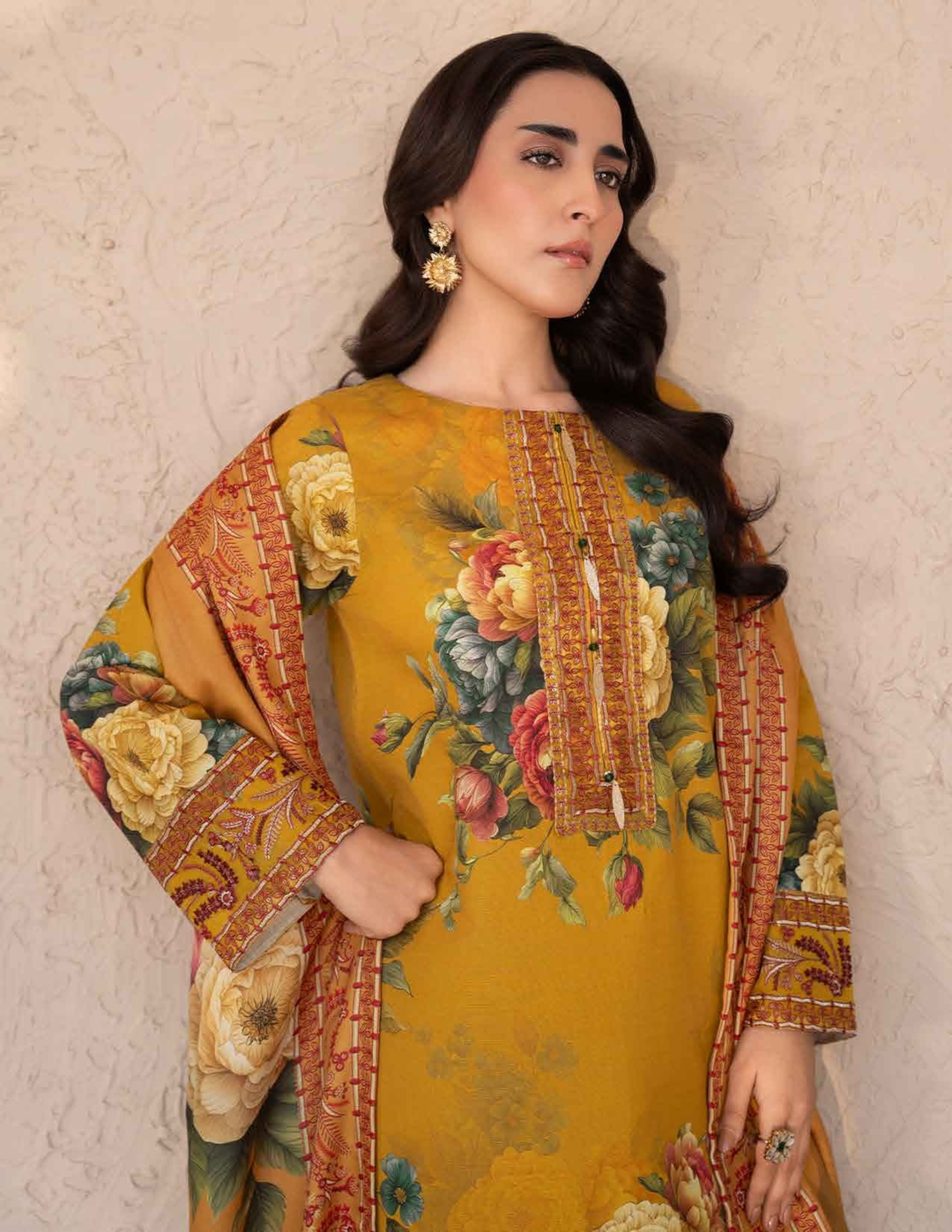 Close-up of RANGREZA ML-198-5405 khaddar shirt featuring intricate embroidery and floral design, perfect for festive Pakistani winter fashion.