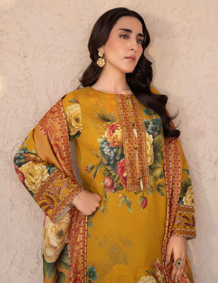 Close-up of RANGREZA ML-198-5405 khaddar shirt featuring intricate embroidery and floral design, perfect for festive Pakistani winter fashion.
