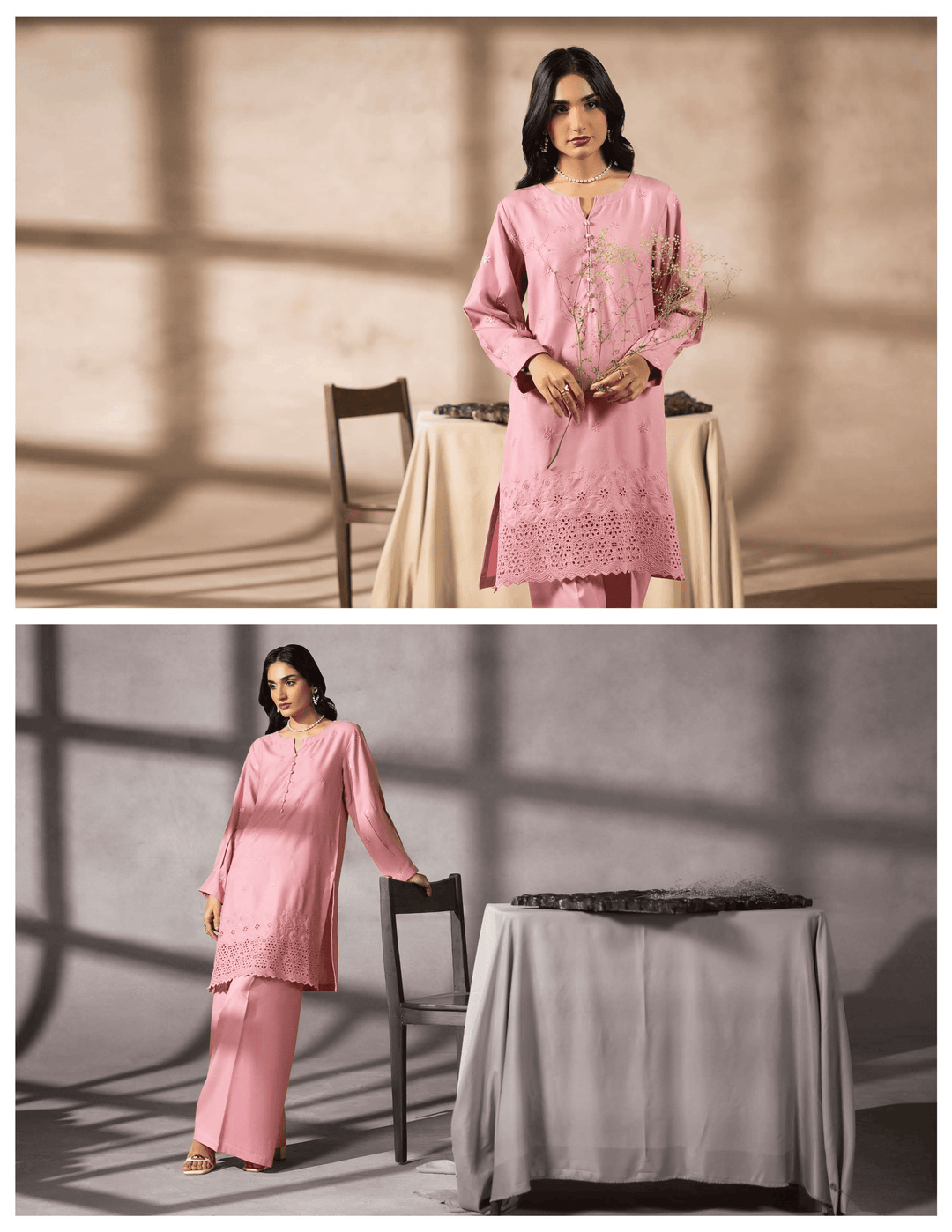 Model wearing RANGREZA EA-46-3801 pink two piece suit in different poses, showcasing stylish design for Pakistani two piece suits online shopping.