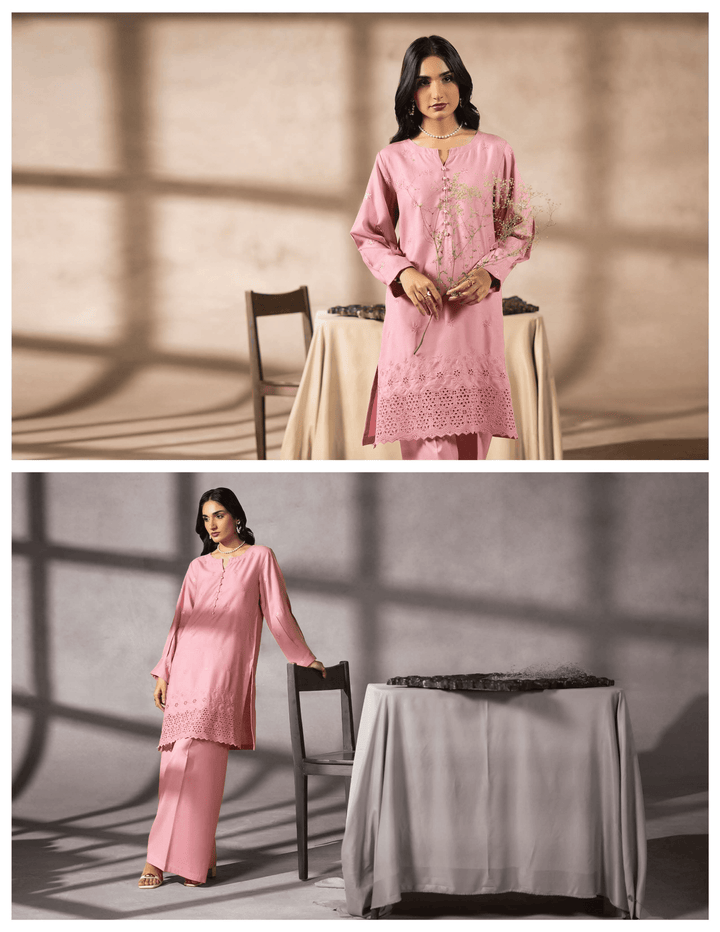 Model wearing RANGREZA EA-46-3801 pink two piece suit in different poses, showcasing stylish design for Pakistani two piece suits online shopping.