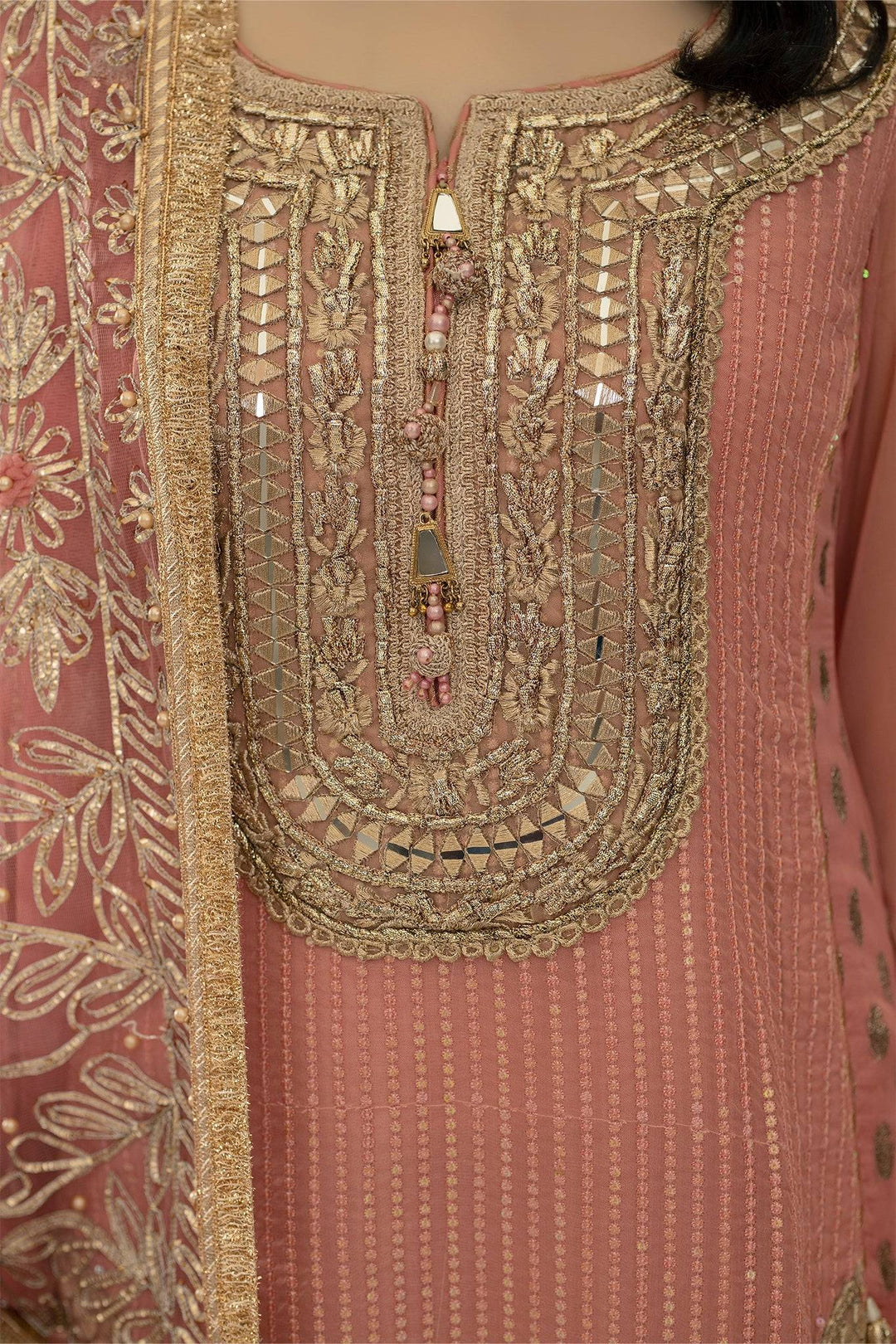 Detailed embroidery on neckline of KHUDA BAKSH M-109 Pink shirt, featuring mirror work and gold thread embellishments.