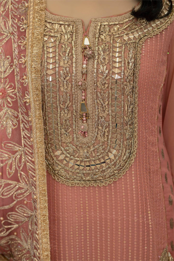 Detailed embroidery on neckline of KHUDA BAKSH M-109 Pink shirt, featuring mirror work and gold thread embellishments.