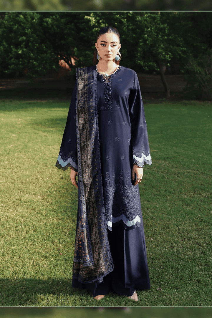 RANGREZA AL-1127 Dhanak shirt with chikankari embroidery and wool shawl in navy blue, perfect for online clothes shopping in Pakistan.