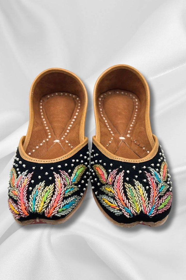 Noorani Jutti - Fuchsia Girls Khussa in black with vibrant hand-embroidery and square toe, ideal for festive wear and traditional outfits.