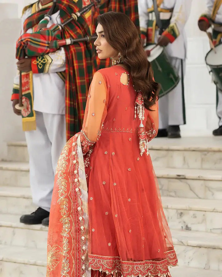 Back view of AROOSH AR-103-2200 wedding outfit showing embroidered organza shirt and dupatta. A refined Pakistani dress for weddings and formal events.