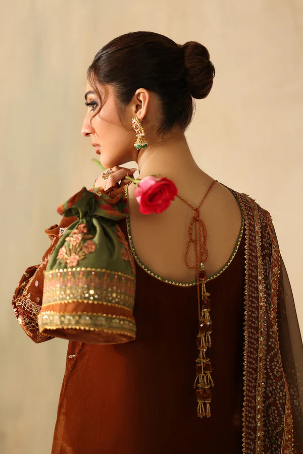Back view of embroidered velvet dress with dupatta and jewelry