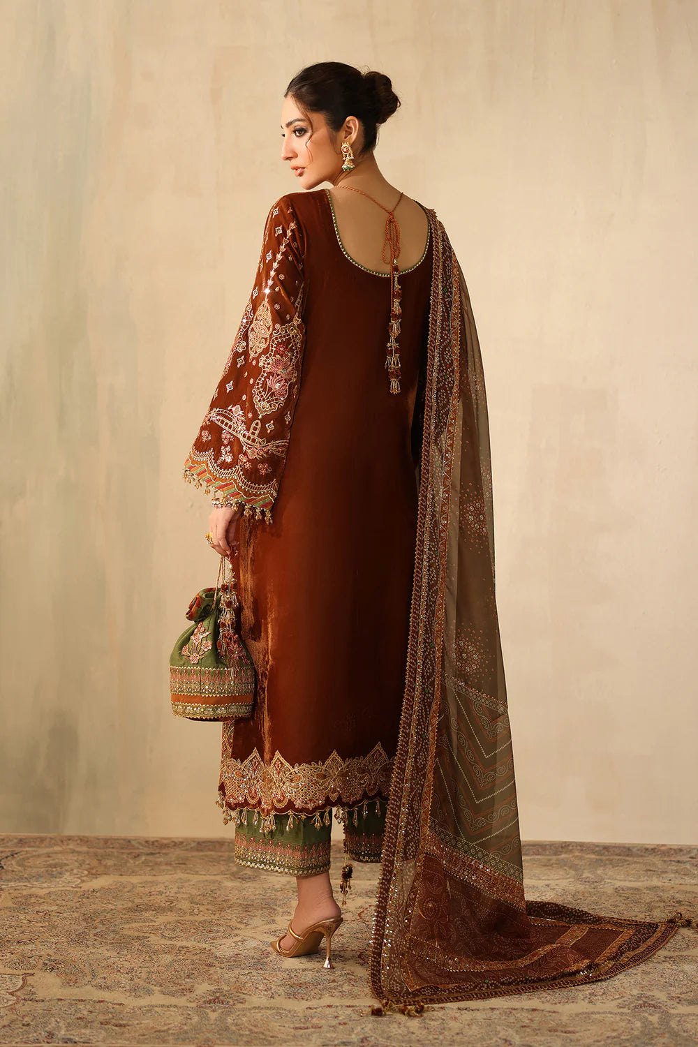 Back view of embroidered velvet dress with dupatta