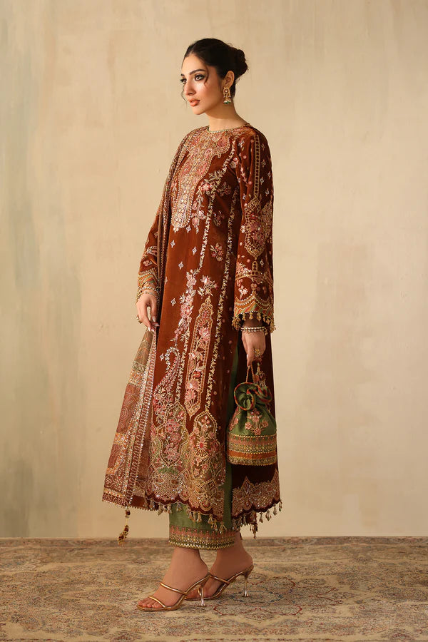 Embroidered velvet dress with intricate embroidery and jewelry