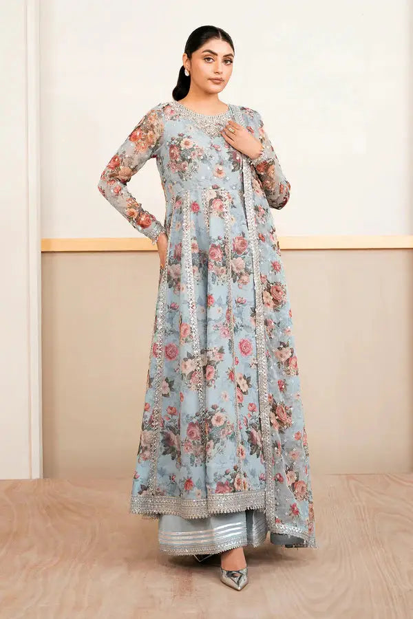 BAROOQUE Printed Chiffon Dress - Embellished Chiffon Kalidar Frock with floral design, featuring shirt, pants, and dupatta in soft pastel tones.