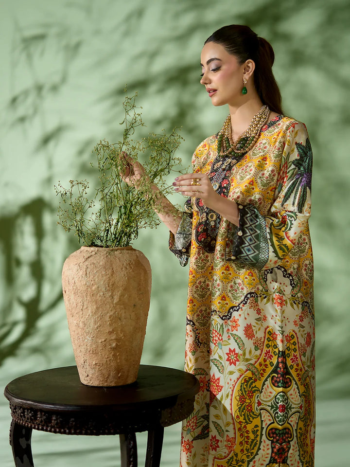 Rangreza Mustard Printed Silk 2-Piece Kaftan – EA-90-04