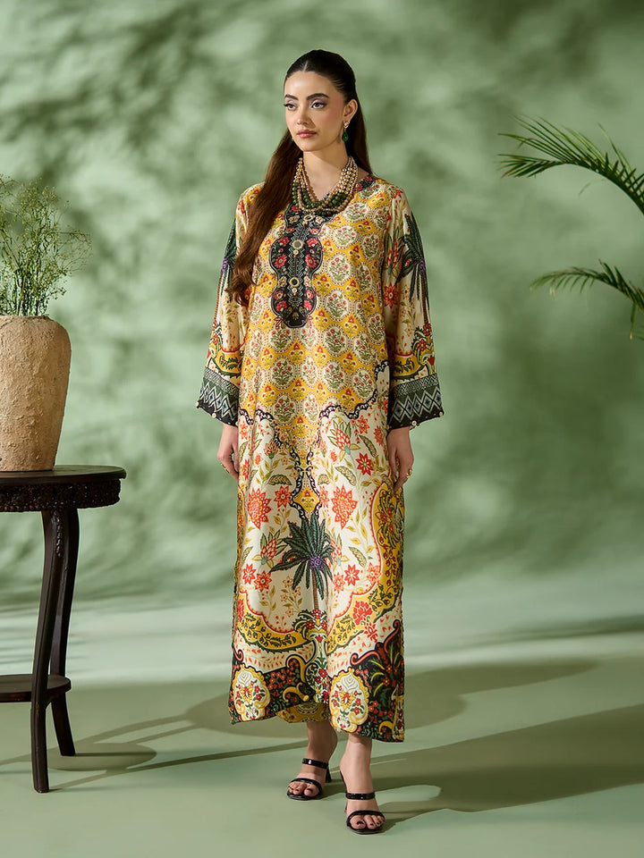 Rangreza Mustard Printed Silk 2-Piece Kaftan – EA-90-04
