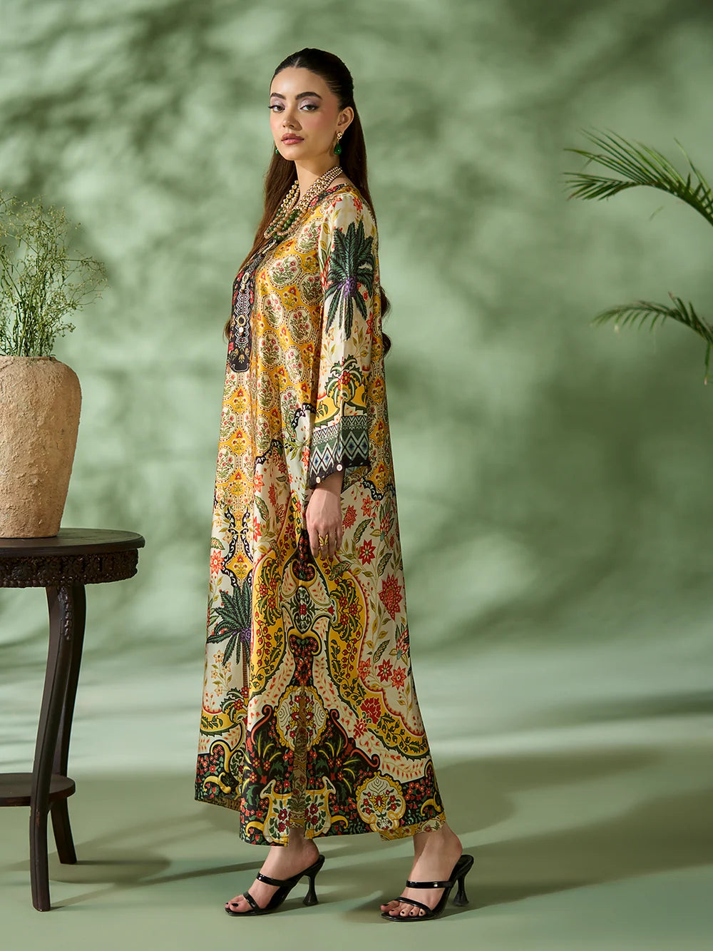 Rangreza Mustard Printed Silk 2-Piece Kaftan – EA-90-04