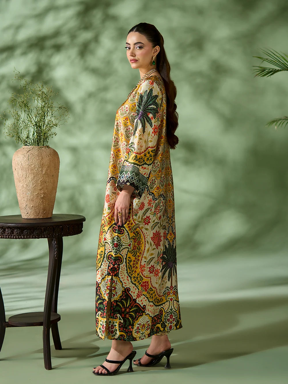 Rangreza Mustard Printed Silk 2-Piece Kaftan – EA-90-04