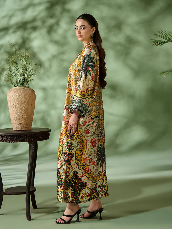 Rangreza Mustard Printed Silk 2-Piece Kaftan – EA-90-04