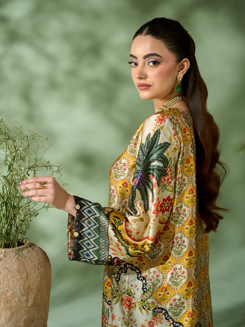 Rangreza Mustard Printed Silk 2-Piece Kaftan – EA-90-04
